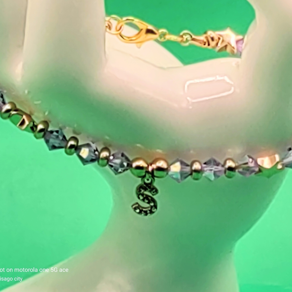 Gold &Lilac Swarovski Crystal Beaded Bracelet with letter S  Charm